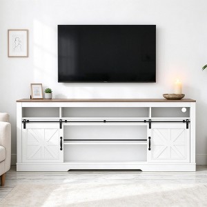 Farmhouse TV Stand for 75 Inch TV, White Media Console with Sliding ...