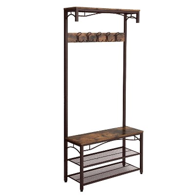 Metal Framed Coat Rack with Wooden Bench and Two Mesh Shelves Brown and Black - Benzara