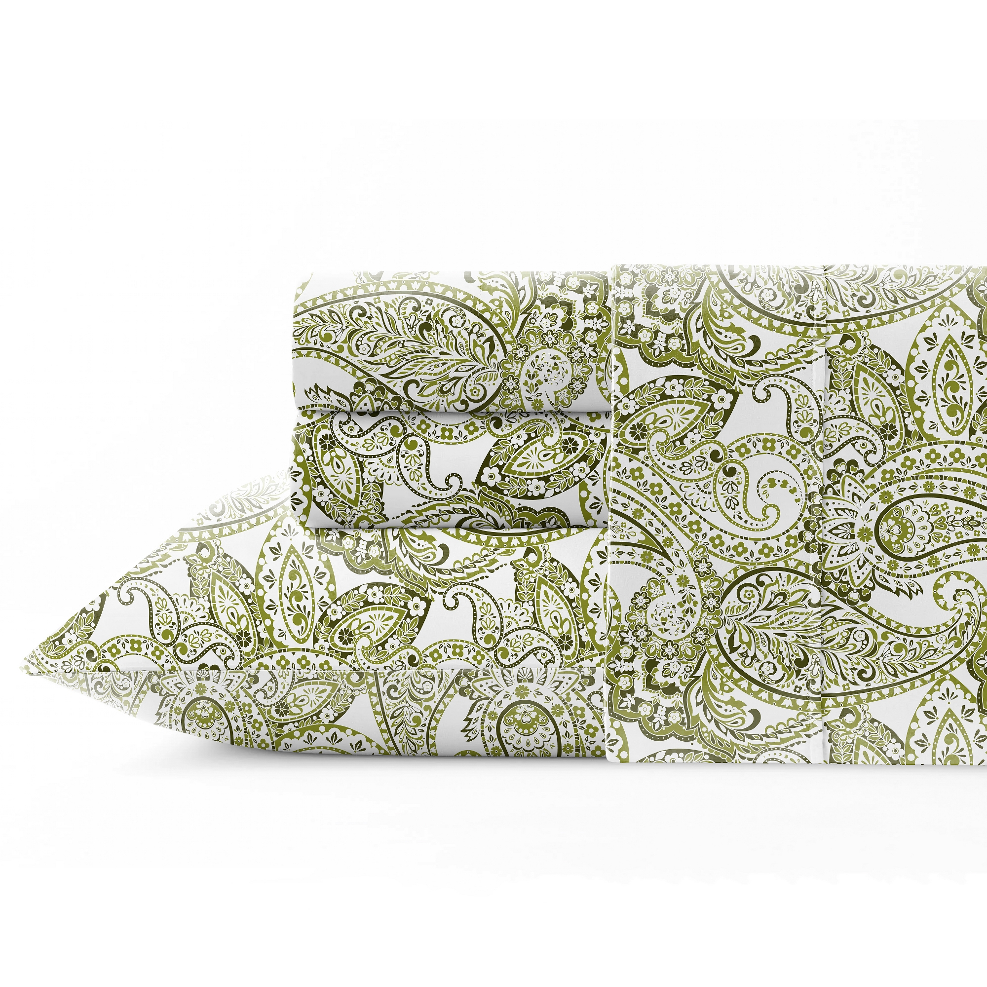 Pointehaven Combed Cotton Percale Queen Boho Paisley Green Deep Pocket Sheet Set