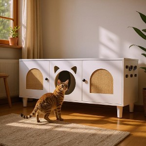Cat Cabinet Cat House Cat Litter Box Enclosure with Sisal Cat Scratcher & Hooks, Sideboard Storage Cabinet, White - ModernLuxe - 1 of 4