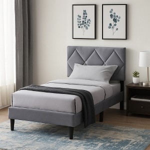Royal Hampton Twin Size Bed, Tufted Gray Velvet Upholstery, Diamond Stitch - 1 of 4