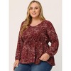 Agnes Orinda Women's Plus Size Round Neck Button Up Puff Floral Long Sleeve Casual Peplum Blouses - 3 of 4