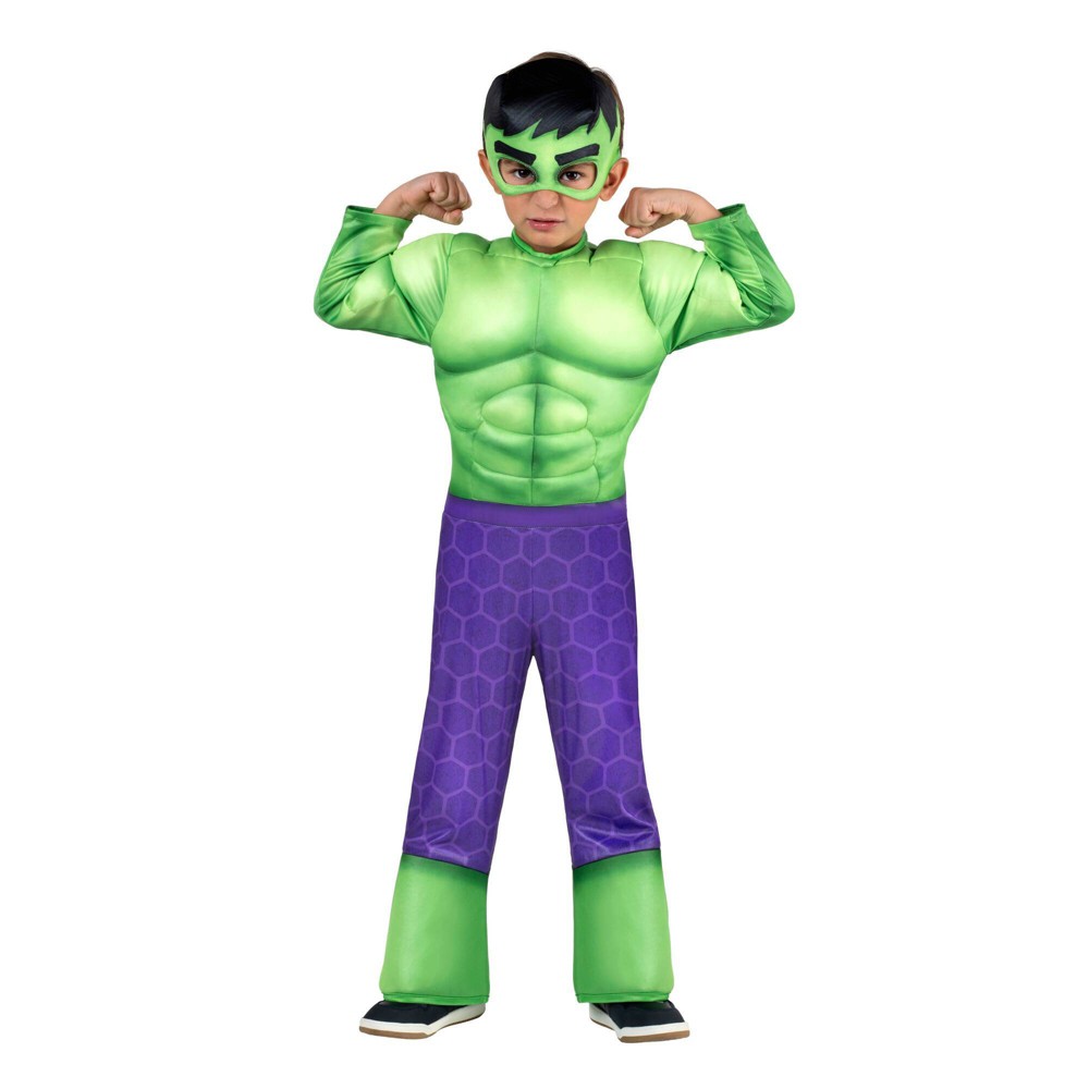 Halloween Toddler Marvel Hulk Muscle Chest Halloween Costume Jumpsuit with Mask 2-3T