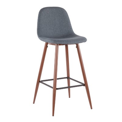 Contemporary Pebble Blue Fabric & Walnut Metal Bar Stools - Set of 2