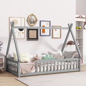 KWPZQEB Floor Bed with Safety Guardrails for Kids, Montessori Bed with Tent-Shaped & Wood Slats, Floor Bed Frame for Girls and Boys - 1 of 4