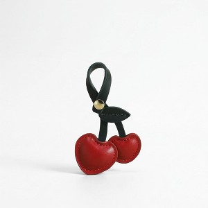 Alilang Faux Leather Cherry Heart Keychain with Black Leaf Strap