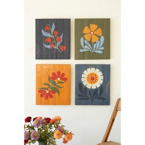 Set of 4 Hand-Painted Floral Wall Art Panels – Recycled Wood – 16" Tall by Kalalou - 1 of 4