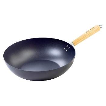 IMUSA 11" Carbon Steel Wok with Wooden Handle Black