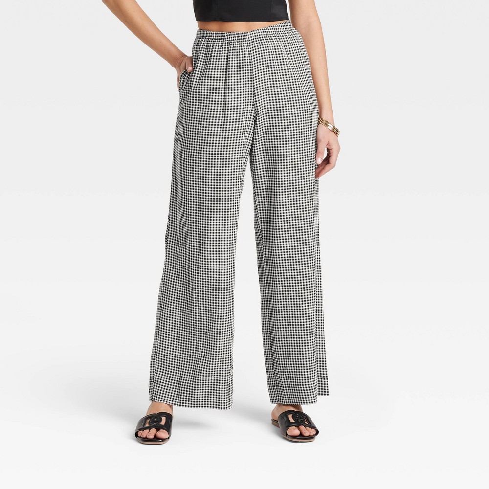 Women's Mid-Rise Wide Leg Linen Pull-On Pants - A New Day™ Black Gingham Check XL: Seam Pocket, Adjustable Waistband, Canvas