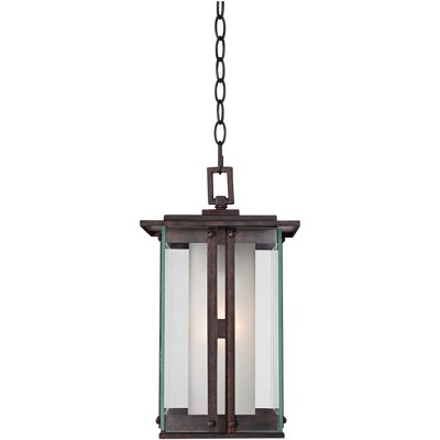 Franklin Iron Works Modern Outdoor Ceiling Light Hanging Lantern Bronze 15 3/4" Clear Frosted Glass for Exterior House Porch Patio