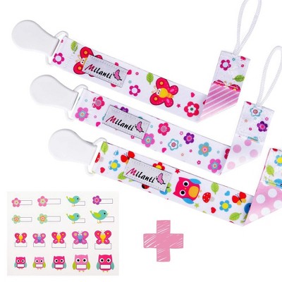 Image of Vaci Pacifier Clip Set - Three Clips Plus 18 Name Tag Labels - Universal Paci Holder Fits Most Binky Brands and Teethers