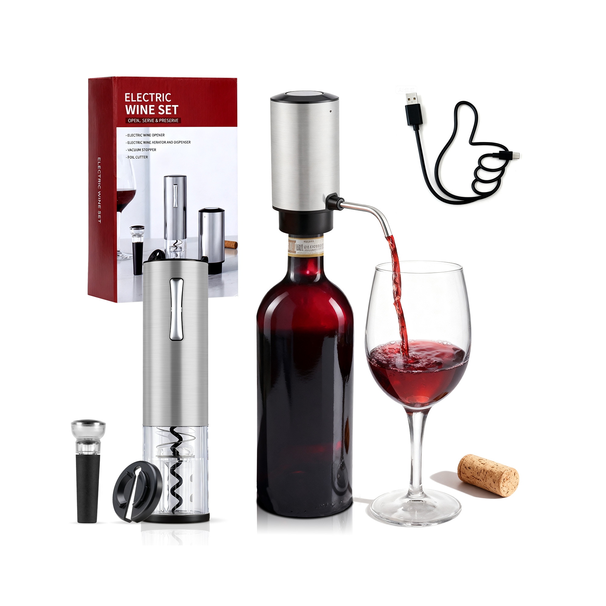 Electric Wine Opener Set with Automatic Corkscrew Aerator and Vacuum Stopper Stainless Steel Rechargeable
