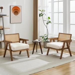 coucheta Mid Century Modern Accent Chair with Sturdy Wood Legs, Rattan Backrest & Thick Linen Cushion, Armchair for Bedroom Balcony Apartment (2 PCS) - 1 of 4