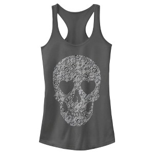 Juniors Womens Lost Gods Lace Print Heart Skull Racerback Tank Top - 1 of 4