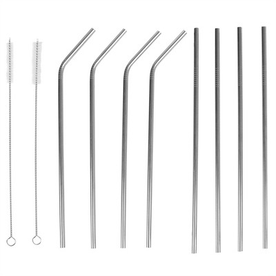 Home Basics 10 Piece Reusable Stainless Steel Drinking Straw Set, Silver