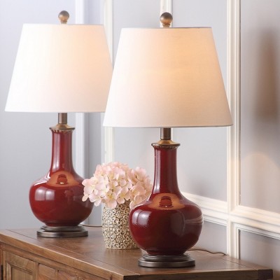 Carolanne Red Ceramic Gourd Table Lamp Set with White Shade