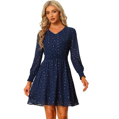 Allegra K Women's Chiffon V-Neck Smocked Waist Metallic Stars Dress