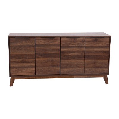 Hatfield Dark Walnut Mid-Century Modern 4-Door TV Stand with Adjustable Shelves
