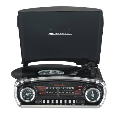 Studebaker Black Retro Portable 3-Speed Turntable with Bluetooth and AM/FM Radio