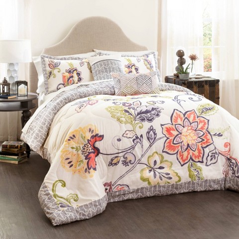 Lush Decor Aster Quilted Comforter Set (Full/Queen) Coral&Navy 5pc - Lush Décor: Reversible Microfiber Bedding, Farmhouse Bohemian Style