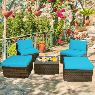 Tangkula 5-Piece Outdoor Rattan Wicker Sofa Set Lounge Chair with Turquoise Cushions