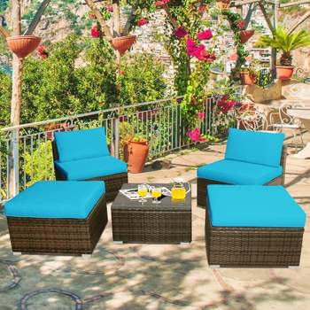 Tangkula 5-Piece Outdoor Rattan Wicker Sofa Set Lounge Chair with Turquoise Cushions