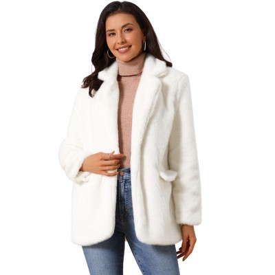 INSPIRE CHIC Women's Faux Fur Winter Open Front Notch Lapel Long Sleeve Fluffy One Button Coat