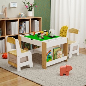 JVNOXK-Kids2in1Play Table Chair Set, LEGO-Compatible Drawing Table with7 Storage Compartments, Includes 2 Chairs,Multifunctional Learning Desk-White - 1 of 4