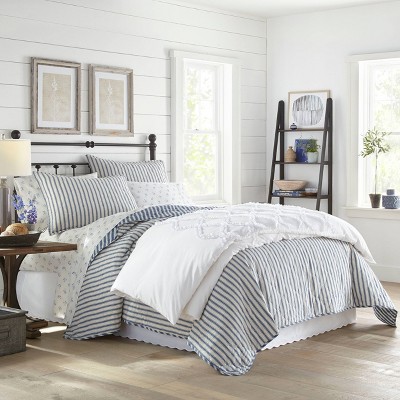 Ivory and Blue Striped Cotton Twin Quilt Set