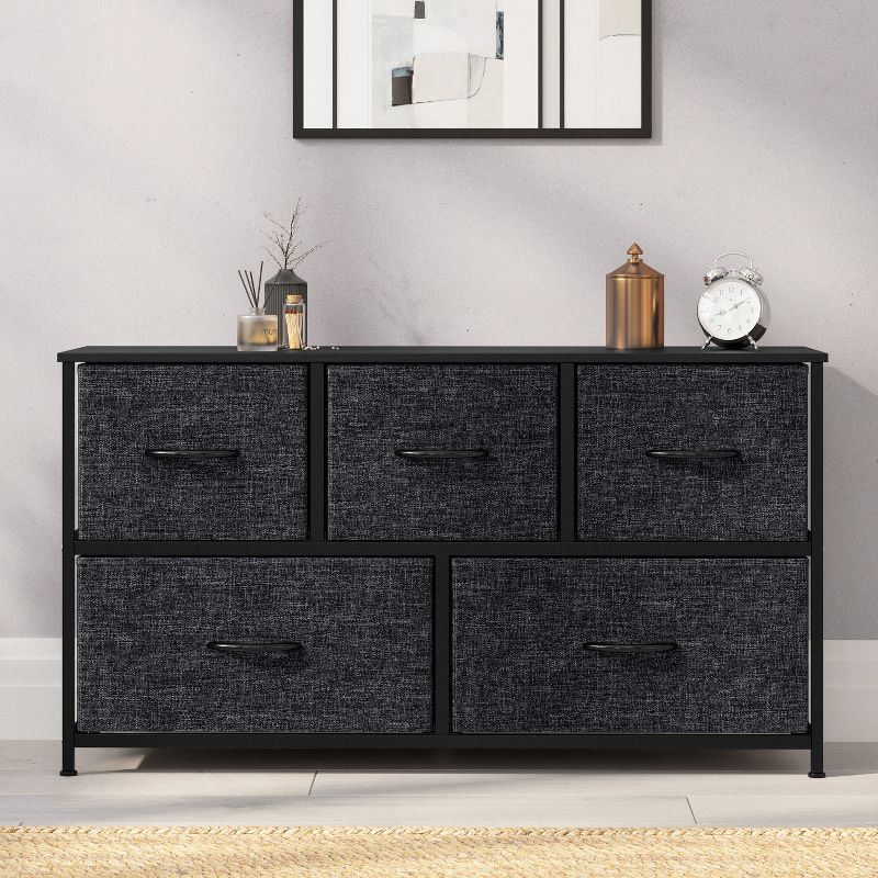 Emma and Oliver 5 Drawer Storage Dresser with Cast Iron Frame, Wood Top and Easy Pull Fabric Drawers with Wooden Handles, 4 of 12