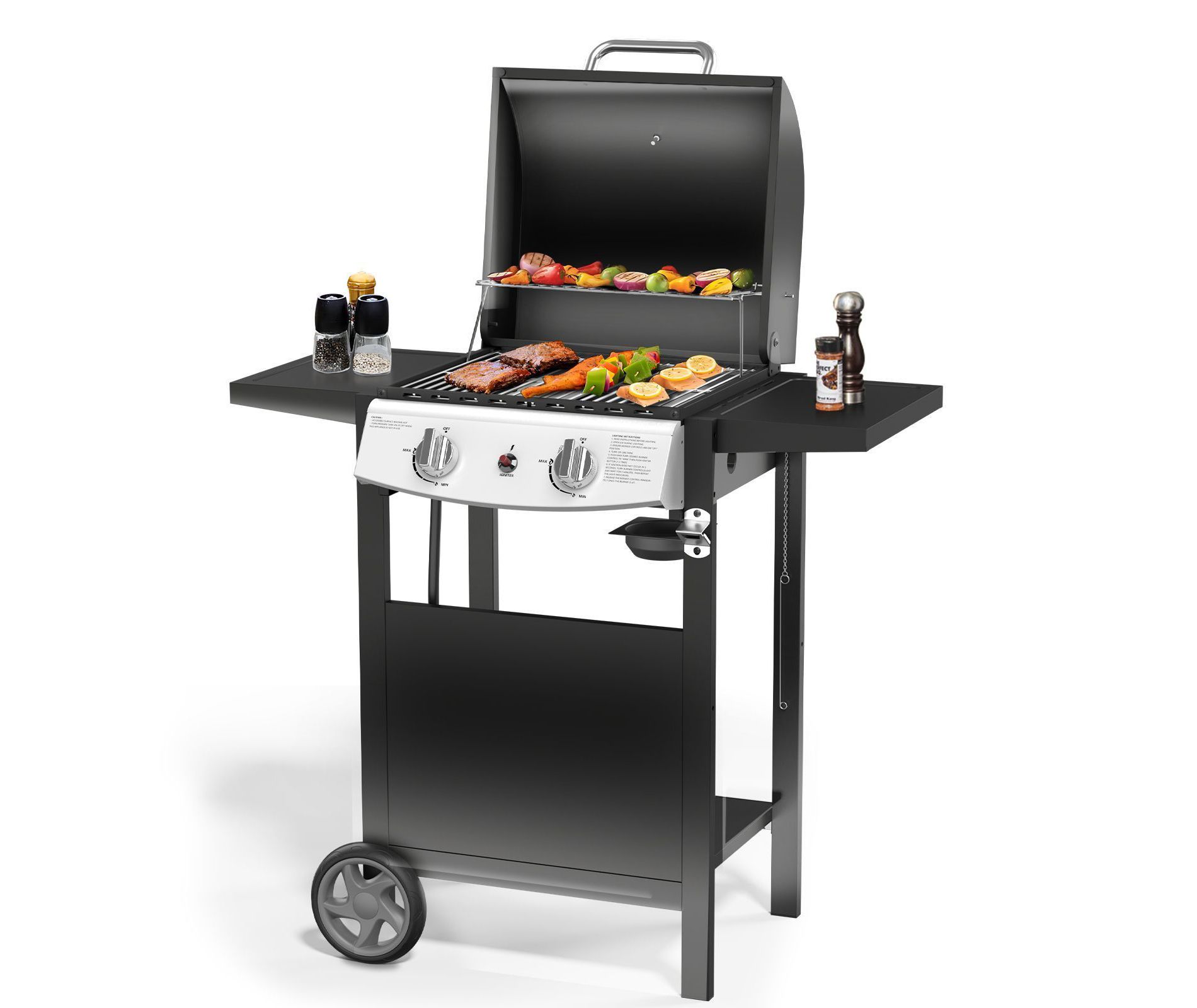 R.W.FLAME Propane Gas Grill 21000 BTU with 2-Burner,325 sq.in. Outdoor BBQ Grill for Barbecue Cooking with Top Cover Lid,Wheels,Side Storage Shelves