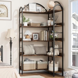ODK 5 Tiers L Shaped Classical Modern Corner Bookshelf Arched Bookcase Industrial Corner Shelf, Wood and Metal Bookshelves Storage Organizer - 1 of 4