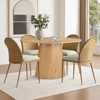 46'' Modern Oak MDF Round Table Set, 5-Piece Dining Set with Rattan-Style Chairs and Linen Seat for Small Spaces-Maison Boucle