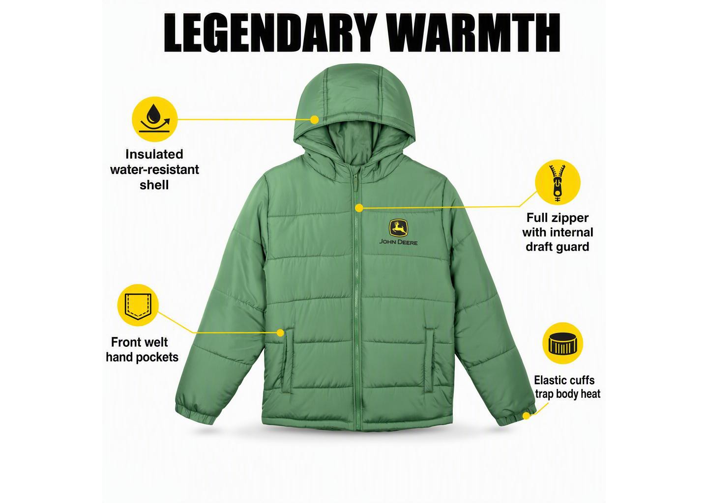 Мужская куртка John Deere Classic Solid Quilted Hooded Puffer Jacket with Front Pockets Forest Green, цвет: Зелёный — фото 6