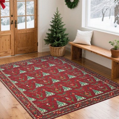 Orieon 60×84 in Soft Christmas Area Rug, Non-Slip Washable Holiday Carpet with Classic Tree & Snowflake Print, Cozy Floor Mat for Living Room