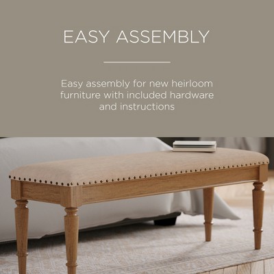 Elizabeth Natural Upholstered Wooden Bench with Nailhead Trim