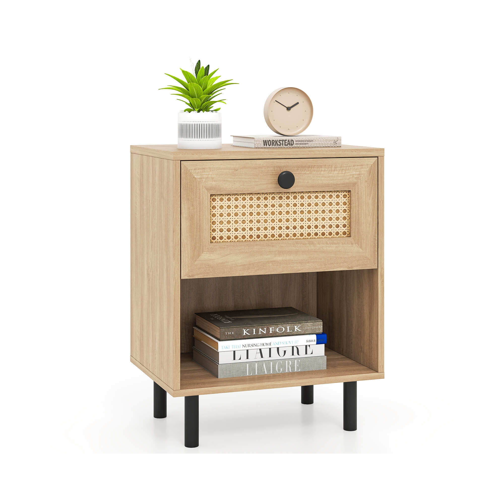 Costway 1 PCS Rattan Nightstand Boho End Table with Drawer & Open Shelf for Living Room Natural