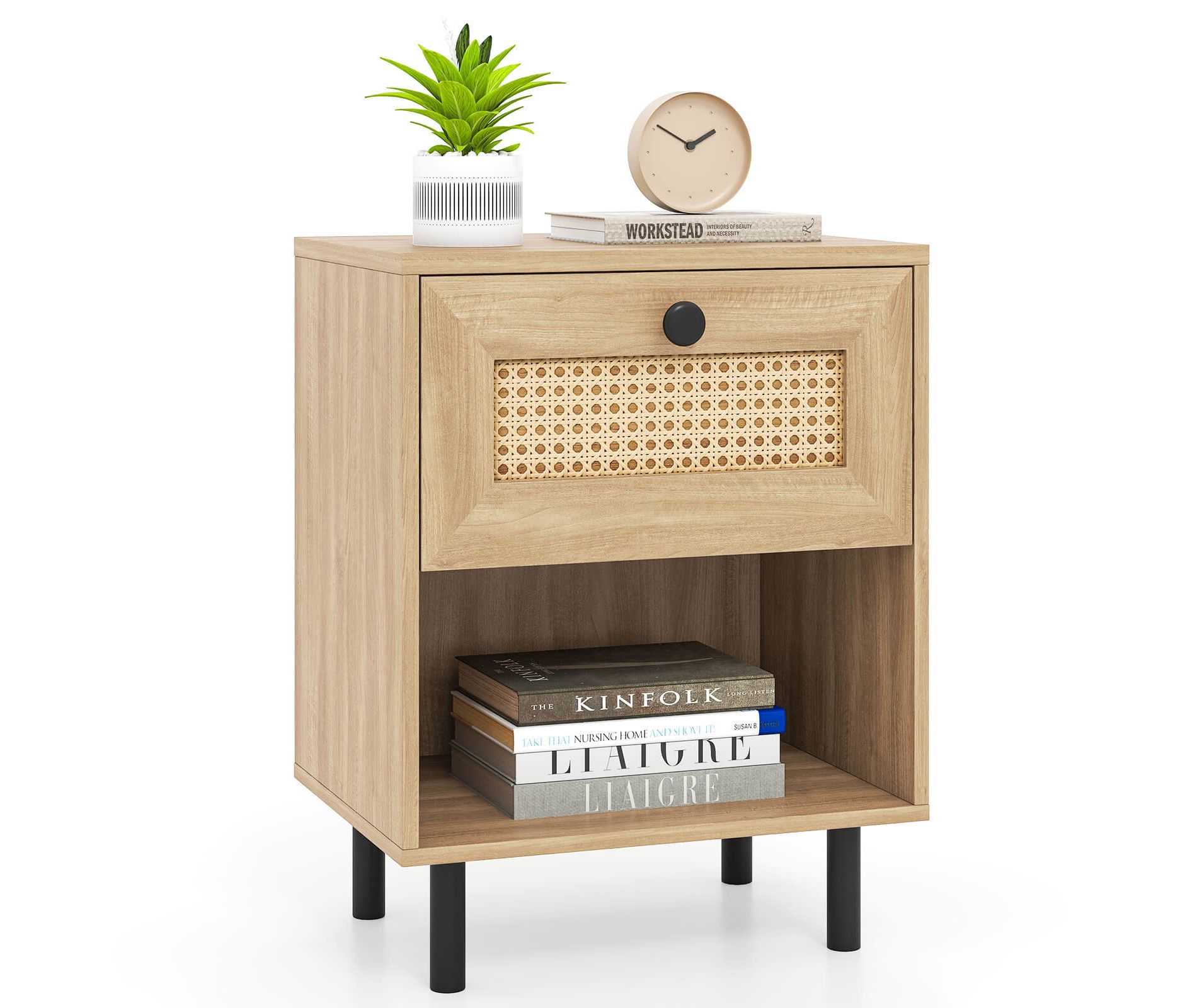 Costway 1/2 PCS Rattan Nightstand Boho End Table with Drawer & Open Shelf for Living Room White/Natural