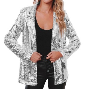 Coolmee Women's Sequin Jackets Open Front Blazer Jacket Casual Long Sleeve Lapel Collar  Cardigan Coat - 1 of 4