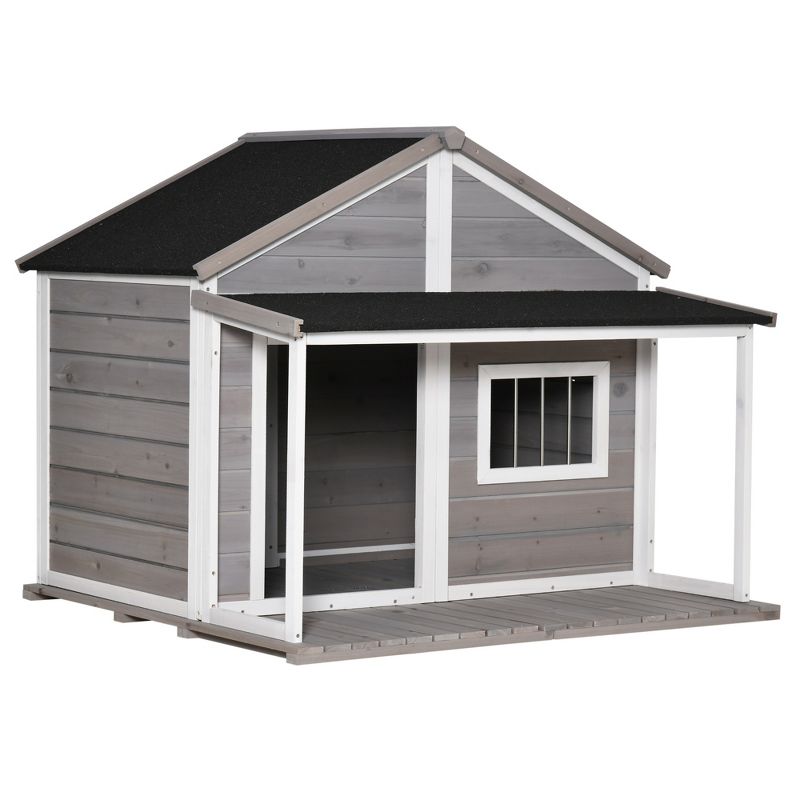 PawHut Outdoor Dog House Cabin Style, Wooden Raised Pet Kennel with Asphalt Roof, Front Door, Side Window, Porch for Medium/Large Dogs, Loading 53 Lbs, 1 of 7