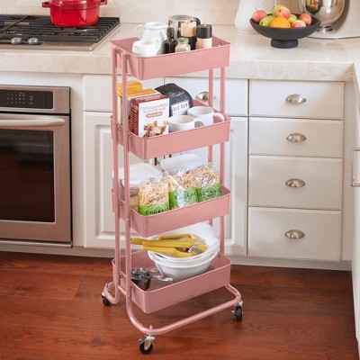 Blush Pink 4-Tier Metal Rolling Utility Cart