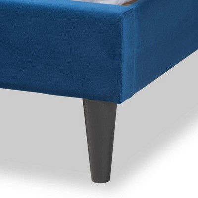 Queen Navy Velvet Upholstered Wood Platform Bed with Tufted Headboard