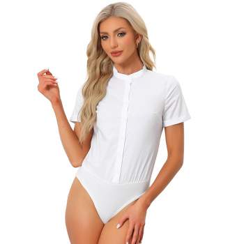 Women Top Blouse Bodysuit White Leotard Cotton Collared Body Suit