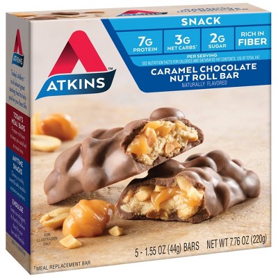 Atkins Caramel Chocolate Nut Roll Whey Protein Snack Bars - 7g Protein - 5ct: 7.76oz, Chewy, Ready to Eat