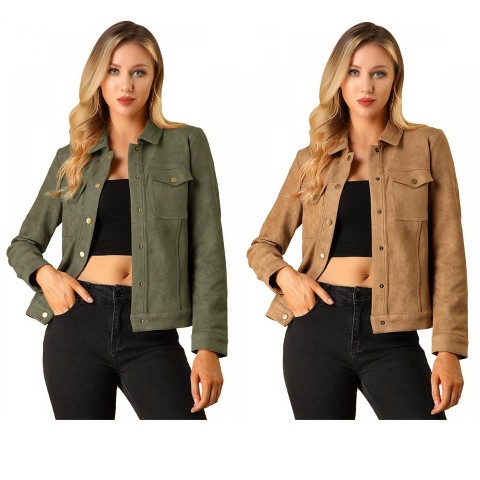INSPIRE CHIC Women's Turn-Down Collar Flap Pockets Snap Button Faux Suede Jacket 2 Packs Brown/Army Green Small