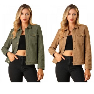 INSPIRE CHIC Women's Turn-Down Collar Flap Pockets Snap Button Faux Suede Jacket 2 Packs - 1 of 4