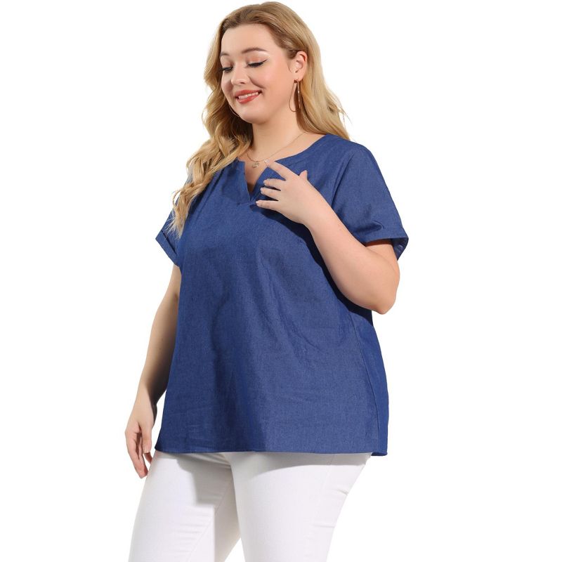 Agnes Orinda Women's Plus Size Work Short Sleeve V Neck Chambray Casual Tops, 4 of 7