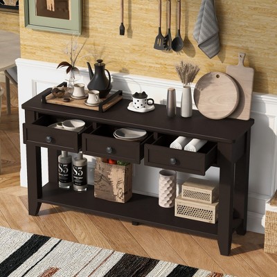 Kumasinova 55.4" Narrow Console Table with Drawers&Storage Shelf,Entryway Table with Metal Handles,Sofa Table with Poplar Legs for Living Room,Foyer