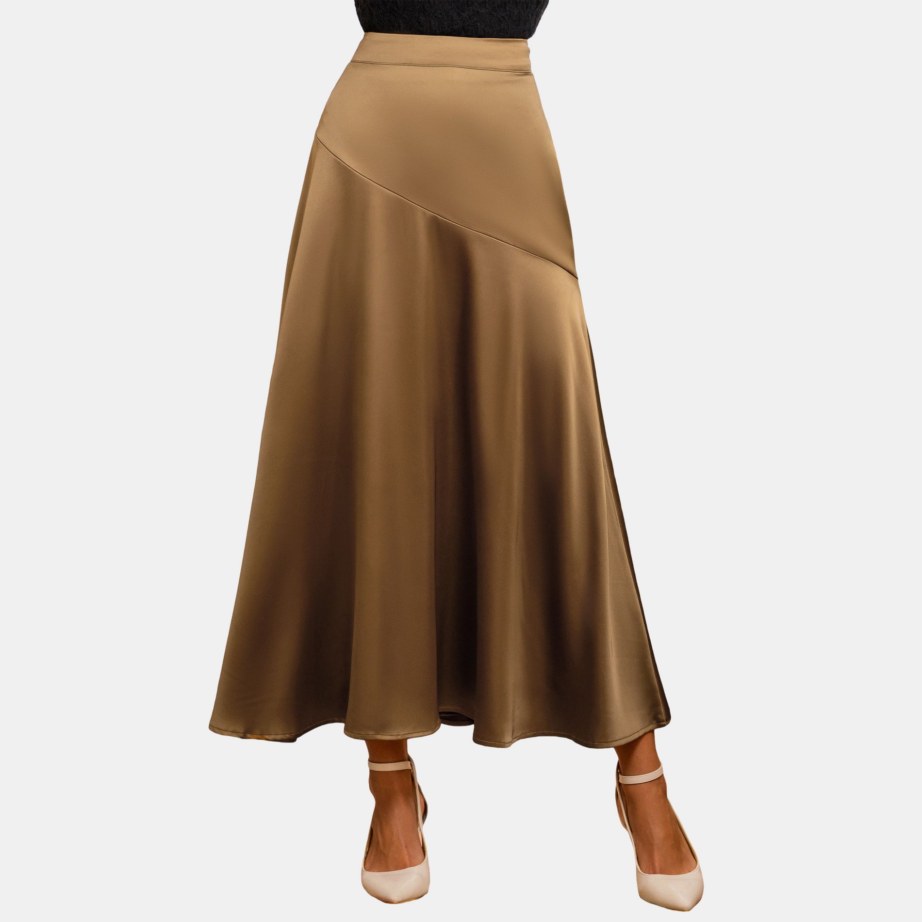 Women's Elegant Brown Satin Flared Maxi Skirt - Cupshe-L-Brown
