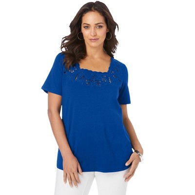 Jessica London Women's Plus Size Stretch Cotton Eyelet Cutout Tee